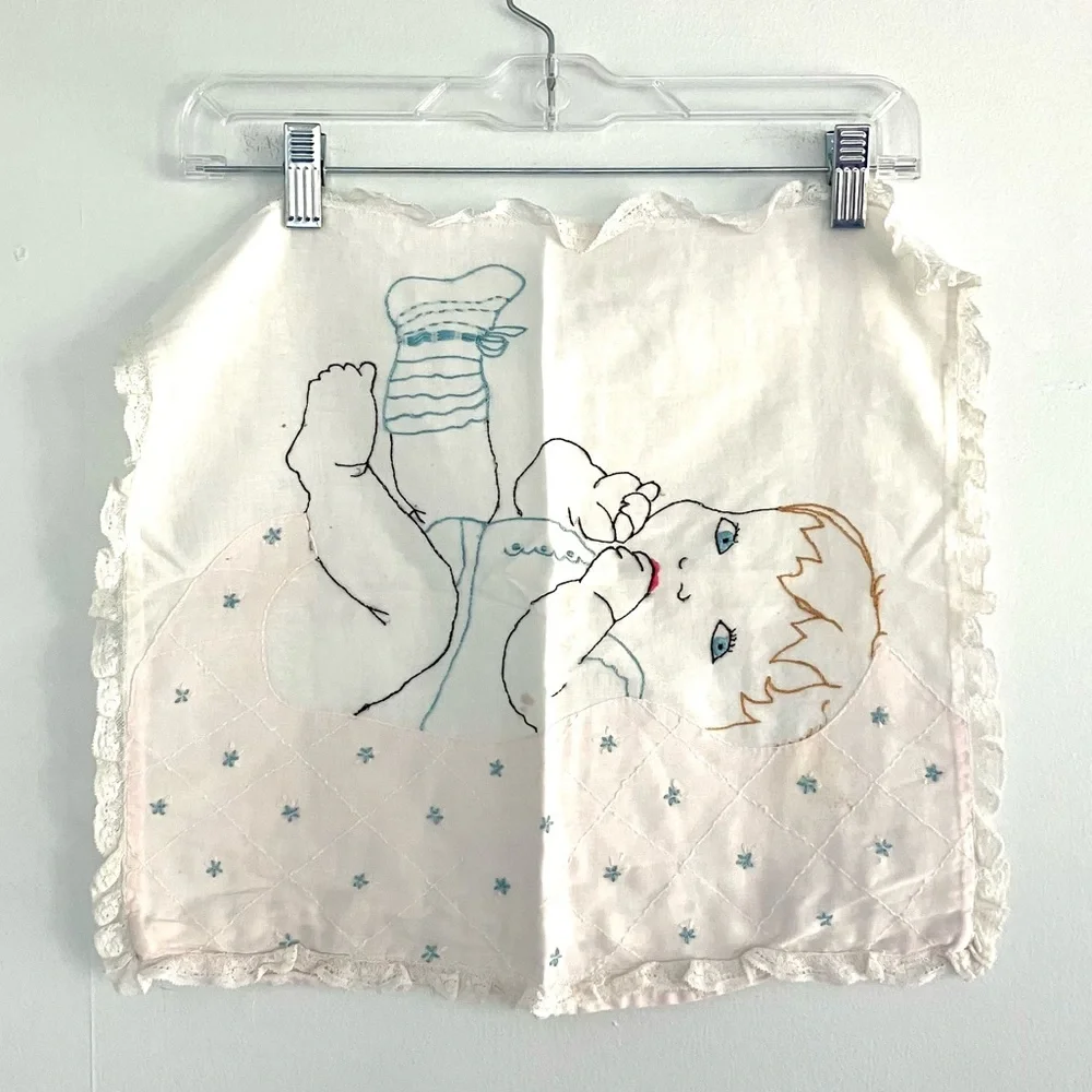 Vintage 20’s sheer cotton embroidered baby pillowcase lace trim